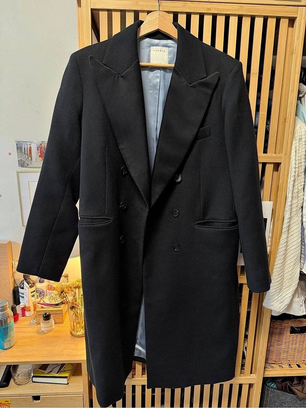 Authentic Sandro Black Double-Breasted Coat Size 42 Like New - Picture 2 of 5